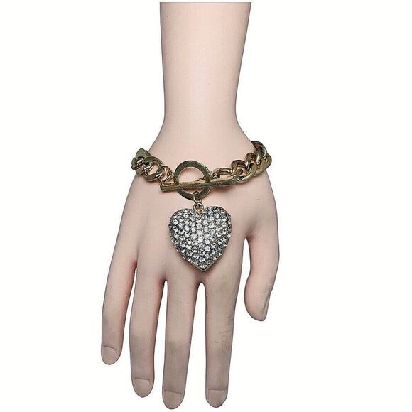 Gold Icy Crystal Heart Bracelet 8" Curb Chain Toggle Valentines Day Lovecore - Picture 4 of 11